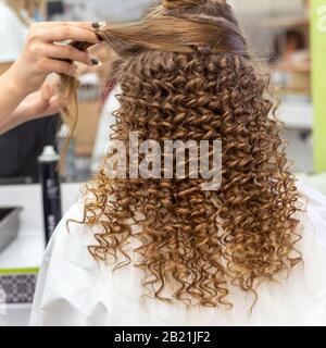 Haarschnitt Rückansicht. Friseursalon, der eine rote blonde Haarfrau mit langen Haaren im Schönheitssalon anstellt. Professionelle Haarpflege, Haarkleiden Stockfoto