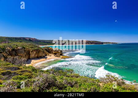 Point Addis mit Addiscot Beach in der Ferne. Victoria, Australien Stockfoto