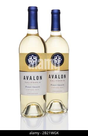 Irvine, CA - 23. JUNI 2014: Zwei Flaschen Avalon Pinot Grigio Wein. Von der Purple Wine Company in Graton, Kalifornien, Avalon, stammen die Trauben fr Stockfoto