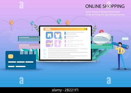 Das Konzept des Online-Einkaufs ist für Geschäftsleute eine große Lupe, die sich auf die Bewertung der Kunden und die Bewertungen der Produkte konzentrieren, die auf dem Display angezeigt werden. Stock Vektor