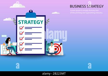 Geschäftskonzept Geschäftsstrategie, Geschäftsleute und Frauen arbeiten in der Nähe einer großen Zwischenablage, die eine Liste der Geschäftsstrategie in Pastellfarbe enthält. Stock Vektor
