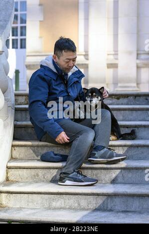 Ein japanischer Mann sitzt mit seinem Shiba Inu Hund auf den Stufen im Zentrum Tokios Stockfoto