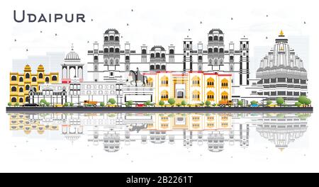 Udaipur India City Skyline mit Farbgebäuden und Reflexionen Isoliert auf Weiß. Vektorgrafiken. Business Travel and Tourism Konzept. Stock Vektor