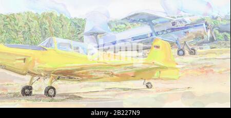 Aquarelldarstellung: Ein weißes und gelbes historisches Kleinflugzeug auf dem Flugplatz des Segelflugplatzes Wilsche bei Gifhorn. Stockfoto