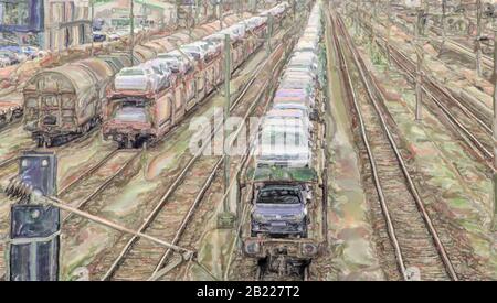 Aquarelldarstellung: Umsteigebüsch in Fallersleben mit Güterzügen, die mit neuen Volkswagen-Wagen beladen sind und abtransportiert werden sollen Stockfoto