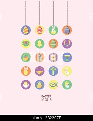 Süße Kaninchen und glückliche Easter Symbole über rosafarbenem Hintergrund, Blocksymbol, Vektorgrafiken Stock Vektor