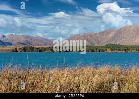 Das azurblaue Wasser des Lake Tekapo in Neuseeland unter einem bewölkten Himmel Stockfoto