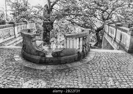 ROM - 28. APRIL: Schöne Treppe mit Springbrunnen im Botanischen Garten von Rom, Italien, 28. April 2019 Stockfoto