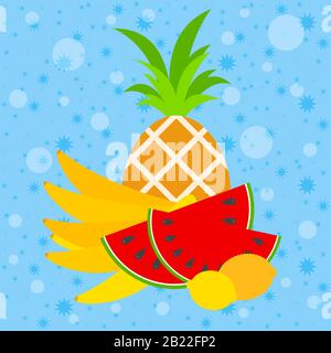 Eine Reihe isolierter appetitlicher Früchte auf blauem Hintergrund. Saftige, helle, köstliche tropische Speisen. Ananas, Banane, Wassermelone, Zitrone Einfach flach vec Stock Vektor