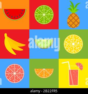 Set aus farbigen, isolierten Früchten, die im Mund wässern. Helles tropisches Essen. Zitrone, Grapefruit, Orange, Ananas, Kiwi, Banane, Wassermelone. Cocktail mit einem s Stock Vektor