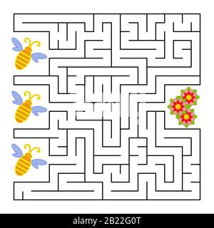 Ein quadratisches Labyrinth. Was eine Biene zur Blume fliegen wird. Einfache, flach isolierte Vektorgrafiken. Mit der Antwort Stock Vektor
