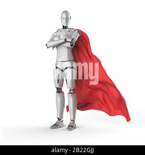 3d Rendering Superhelden Cyborg oder Heldenroboter mit rotem Mantel Stockfoto