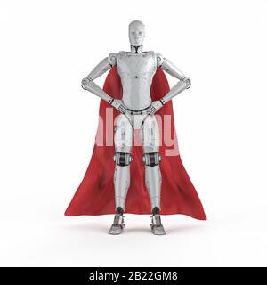 3d Rendering Superhelden Cyborg oder Heldenroboter mit rotem Mantel Stockfoto