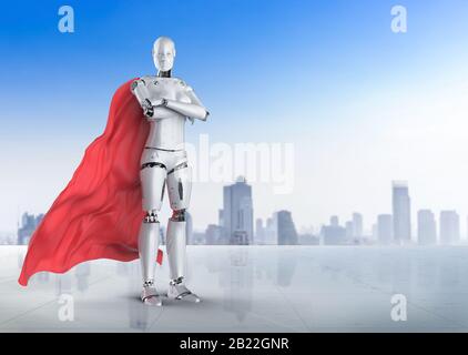 3d Rendering Superhelden Cyborg oder Heldenroboter mit rotem Mantel Stockfoto