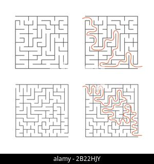 Ein Satz quadratischer einfacher Labyrinthe. Ein interessantes Spiel für Kinder. Einfache flache Vektorgrafiken isoliert auf weißem Hintergrund. Mit der Antwort. Stock Vektor