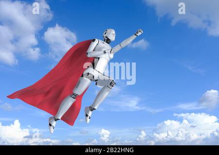 3d Rendering Superhelden Cyborg oder Heldenroboter mit rotem Mantel Stockfoto