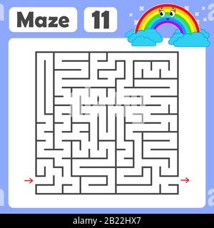 Ein quadratisches Labyrinth. Entwicklungsspiel für Kinder. Farbige Vektor-Ebene, Isolierte Abbildung. Mit einem niedlichen Regenbogencartoon. Stock Vektor