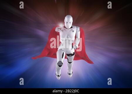 3d Rendering Superhelden Cyborg oder Heldenroboter mit rotem Mantel Stockfoto