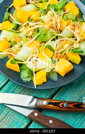 Frühlingssalat mit Mango, Gurke und Sprossen.Gemüsesalat aus geroteten Mungbohnen Stockfoto