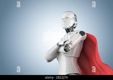 3d Rendering Superhelden Cyborg oder Heldenroboter mit rotem Mantel Stockfoto