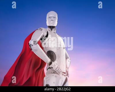 3d Rendering Superhelden Cyborg oder Heldenroboter mit rotem Mantel Stockfoto