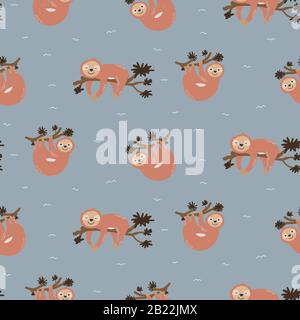 Süßes Faultier auf Baumästen nahtloser Mustervektor. Kindlicher Zeichentrickfilm tierblauer Hintergrund. Stock Vektor