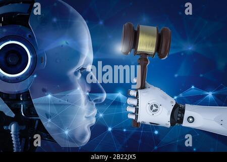 Cyber-law-Konzept mit 3D-Rendering Roboter-Hand-Haltungs-Gavel-Richter Stockfoto