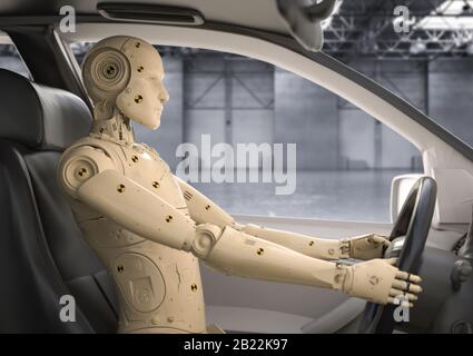 Crashtest mit 3D-Rendering-Dummy im Auto Stockfoto