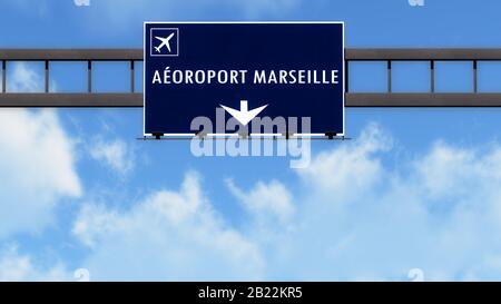 Marseille France Airport Highway Road Schild 3D-Abbildung Stockfoto
