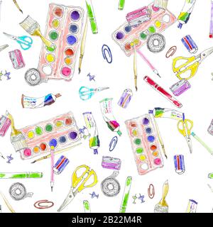 Bürowerkzeuge mit nahtlosem Muster, handgezeichnete Grafiken in Farbe. Zurück zur Schule. Stockfoto