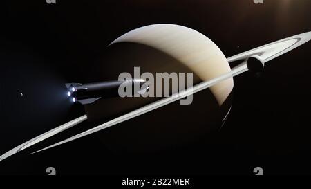 Mars - 24. Oktober 2019 - Der Eindruck Eines SpaceX Starship, das sich dem Planeten Saturn nähert. Die SpaceX Starship verfügt über eine Nutzlastverkleidung von 9 Metern Stockfoto