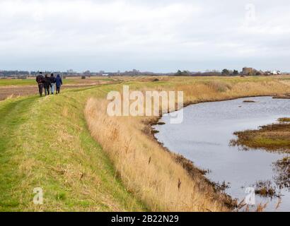Blick von hinten von Menschen, die auf dem Weg in der Nähe der Shingle Street, Nordseeküste, Suffolk, England, Großbritannien laufen Stockfoto