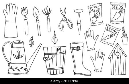Gartenwerkzeuge, Linien-Kunst-Design, Icons Big Set. Vektorgrafik. Frühlingssaison-Artikel. Stock Vektor