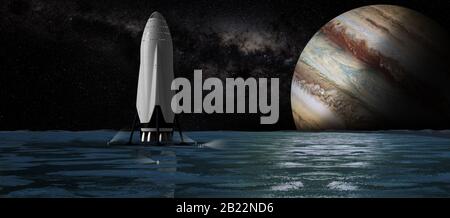 Mars - 24. Oktober 2019 - Der Eindruck Eines SpaceX-Sternschiffs auf dem Mond Europa des Jupiter. Die SpaceX Starship verfügt über eine Nutzlastverkleidung von 9 Metern Stockfoto