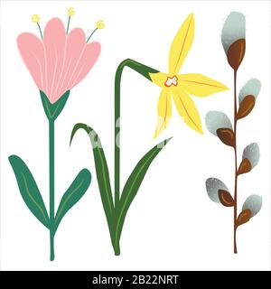 Vektorsammlung isolierter Frühlingsblumen auf Weiß. Verschiedene Elemente für das blumendesign der osterzeit. Blumenelemente. Stock Vektor
