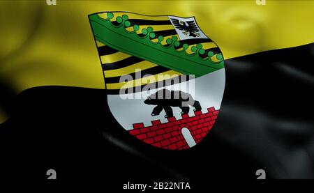 3D-Darstellung einer schwenkenden Landesflaggen Sachsen Anhalts (Deutschland) Stockfoto