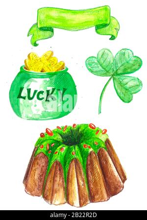 St. Patrick's Tagessymbole, Kuchen, Münzen, isoliert auf Weiß gesetzt. Stockfoto