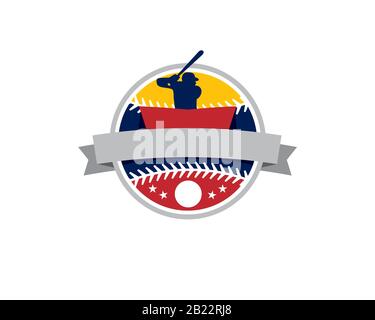 Emblem Wappen Logo des Basketballs mit Männer Sportler Halten Fledermaus bereit, um Ball in Runde Form von zu schlagen Ball mit Band Stock Vektor