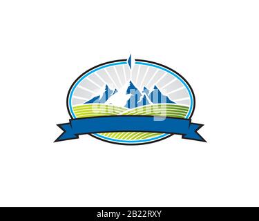 Emblem Wappen Illustration Logo von einem eisigen Schnee Blue Mountain Uppon Green Hill Valey Feldfrüchte Boden in elipse Mit Band Stock Vektor