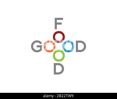 Gutes Essen Wortmarke Logo mit 4 bunten Kreis als Gesundheit Kreuzsymbol Stock Vektor