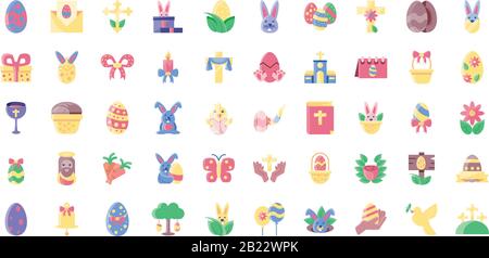 Happy Easters Tagessymbole mit weißem Hintergrund, flachem Stil und farbenfrohem Design, Vektorgrafiken Stock Vektor