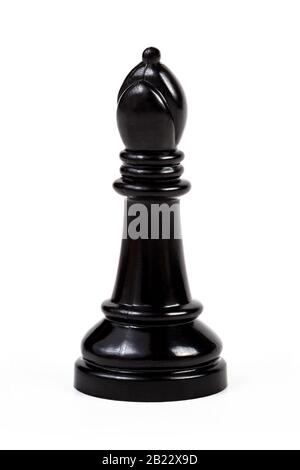 Einfaches einziges glänzendes schwarzes Bischofsschach-Figurensymbol allein, isoliert auf weißem Hintergrund, Objektausschnitt, großes Game-Stück-Schach-Set-Element, Simp Stockfoto