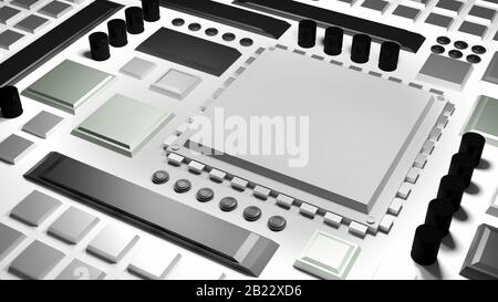 CPU in Sockel Motherboard, einfaches, vereinfachtes Graustufenmodell, Graustufen 3d-Rendering aus Grundformen. PC-Komponenten Technologieobjekte Co Stockfoto