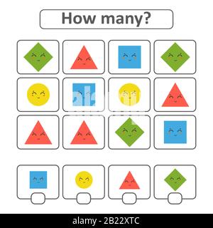 Spiel für Vorschulkinder. Zählen Sie so viele geometrische Formen im Bild, und notieren Sie das Ergebnis. Mit einem Ort für Antworten. Einfach flach isoliert V Stock Vektor