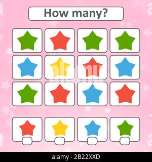 Spiel für Vorschulkinder. Zählen Sie so viele Sterne auf dem Bild, und notieren Sie das Ergebnis. Mit einem Ort für Antworten. Einfacher isolierter Vektor illus Stock Vektor