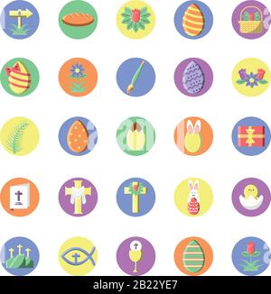 Ostereier und fröhliches osterkonzept mit Symbolen über weißem Hintergrund, Blocksymbol, Vektorgrafiken Stock Vektor