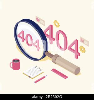 Isometrische Darstellung der Identifizierung defekter Verbindungen. 404-Meldung in Lupe. Server nicht gefunden, Problem bei der Analyse. Webseite nicht verfügbar, Internet Stock Vektor