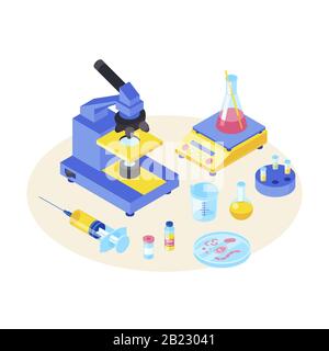Labortests isometrische Farbvektorabbildung. Chemisches Experiment. Diagnostische, wissenschaftliche Laborgeräte. Mikrobiologie. Mikroskop, Spritze 3d Stock Vektor