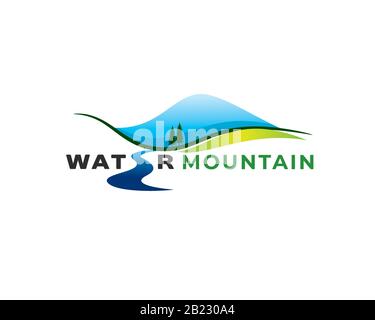 Blue Mountain Hills Wiese und Fluss Naturlandschaft Landschaft wie Wortmarke Buchstabe E Stock Vektor