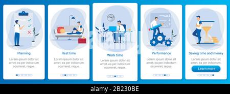 Zeitmanagement Onboarding Mobile App Bildschirmvorlage. Tagesplanung und -Planung, Workflow-Organisation. Schritt für Schritt durch die Website Stock Vektor